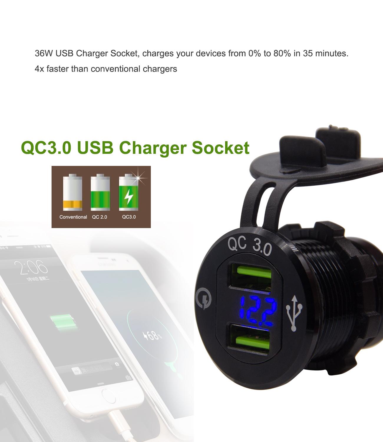 Schnelllade- 3.0 -usb-kfz-ladegerät mit blauer led-digitalanzeige 36w usb-schnellladefunktion für iphone, huawei und xiaomi