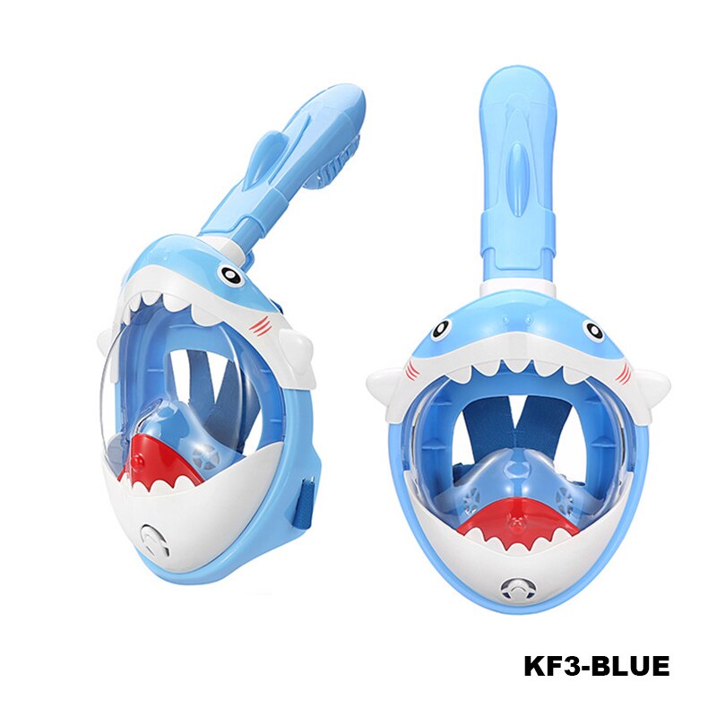 Mascarilla de buceo con forma de tiburón para niños, máscara de silicona, plegable, tubo de respiración completamente seco, equipo de natación: KF3-Blue