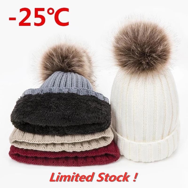 Evrfelan Bommel Wolle Winter Hütte Frauen Gestrickte Dicke Mütze Hüte für Damen Warme Schädeldecke Beanies Mädchen Motorhaube Gorro