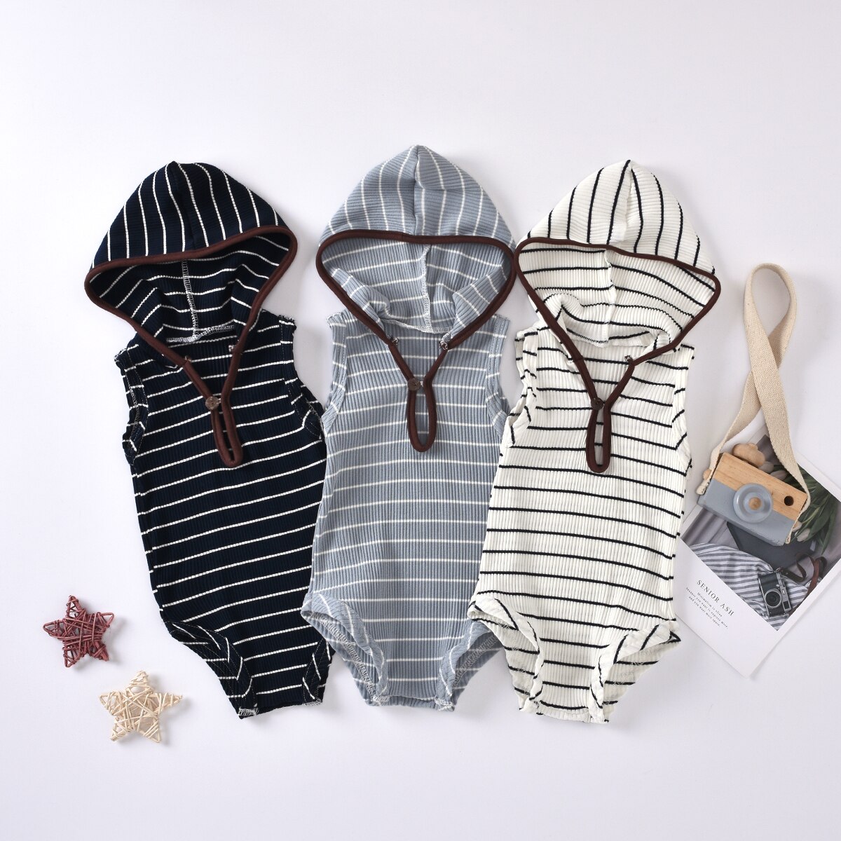 Décontracté bébé barboteuses à capuche 3 couleurs rayé tricoté bouton sans manches combinaison Outwear garçons filles vêtements