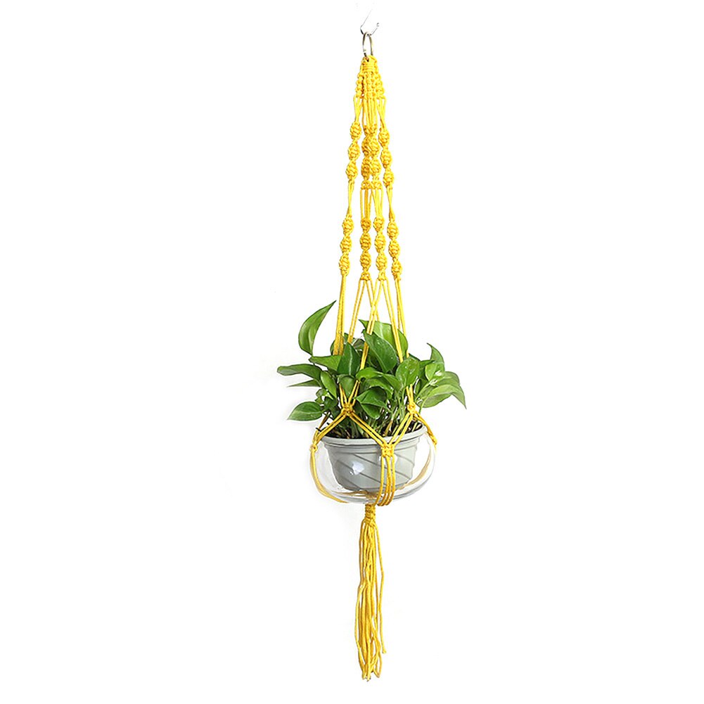 Salg håndlavet makrame plantebøjle blomst / pottebøjle til vægindretning gårdsplads havehængende planter hængende kurvindretning: Guld gul