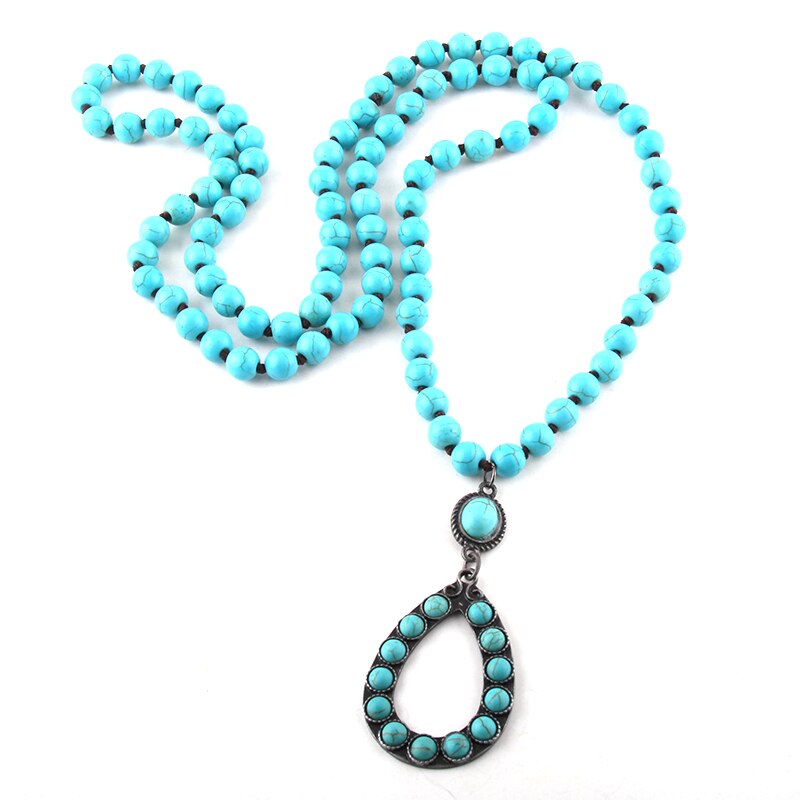 RH Boho Jewelry Set White / Blue Long Knotted Necklace Earring Set Women