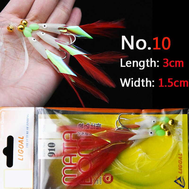 JYJ 3-Haken/Set leuchtender Fischkopf-Angelköder, Einzelhaken, Tack-Köder, Jigs, Wurmfischen, Sabiki-Schnurhaken: Rot