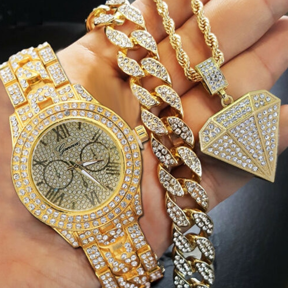 Hiphop choker 8 "miami cubaanse armband & kristal strass horloge & iced out geometrische hanger ketting goudkleurige sieradenset