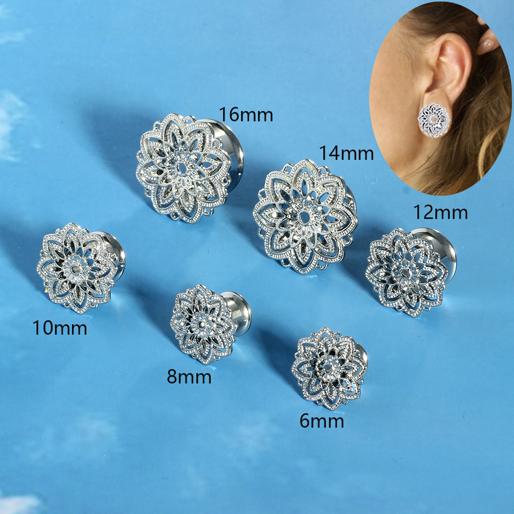 Cool Ear Plugs Tunnels Expander Double Flare Brass Earlobe Tunnels Stretcher Earrings Body Piercing Gauges for Ears Bee Flower: GRAY / SILVER PLATED