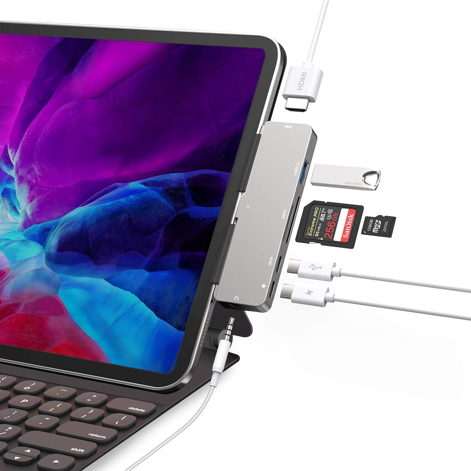 Hub USB C pour iPad Pro & MacBook Pro/Air - Adaptateur 7-en-1 avec HDMI, PD, USB 3.0, Lecteur Carte SD/TF, Audio 3,5mm