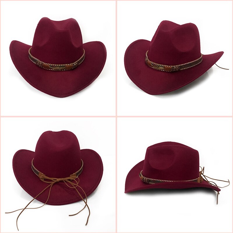 Europeos de ala ancha vaquero sombrero Panamá sombrero de fieltro tipo Jazz sombreros con hebilla de cuero liso de lana sombrero para hombres y mujeres