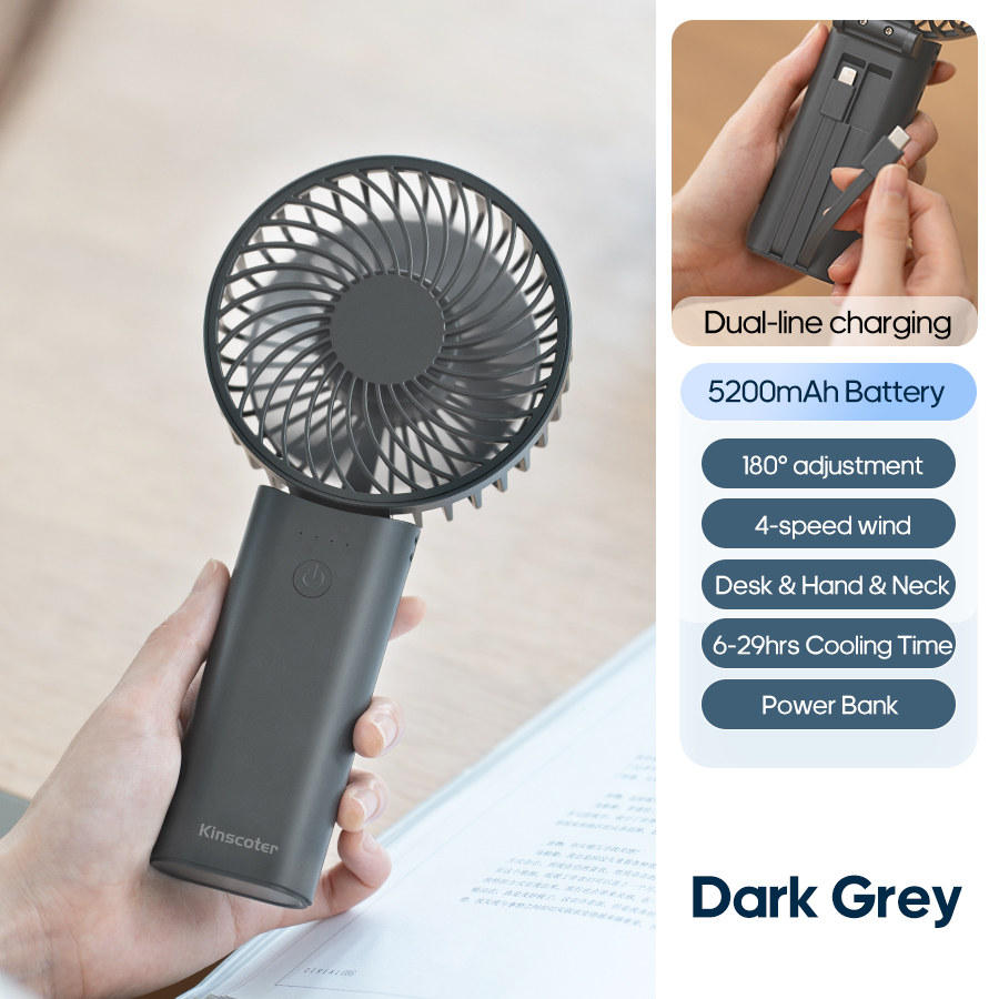 ventilador de mano multifuncional, ventilador eléctrico de refrigeración recargable de 5200mAh, ventilador de escritorio plegable de 4 velocidades con banco de energía de doble cable: Negro
