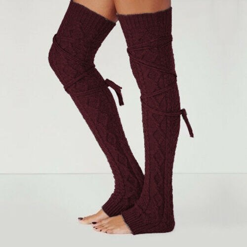 Femmes hiver sur le genou Crochet tricoté bas jambières botte cuisse chaussettes hautes fantaisie Vintage jambières: Bourgogne