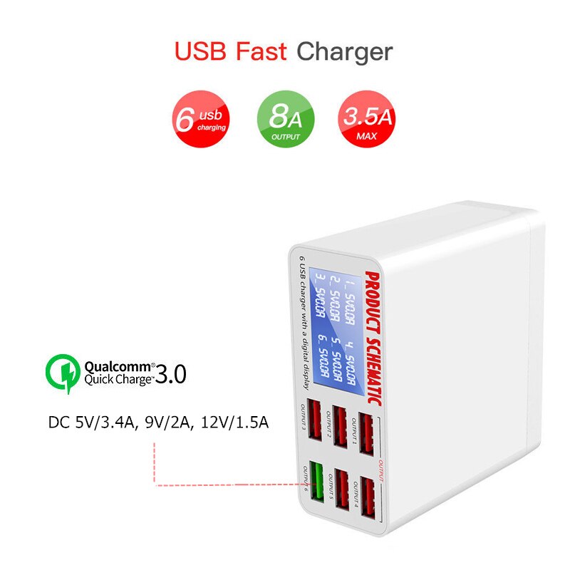 6 porta Display Digital Estação De Carregamento Usb Ue Eua Reino Unido Plug de Telefone Celular Usb Carregador Rápido Para Iphone 11 Xs max X 8 7 6 Ipad Pro/air