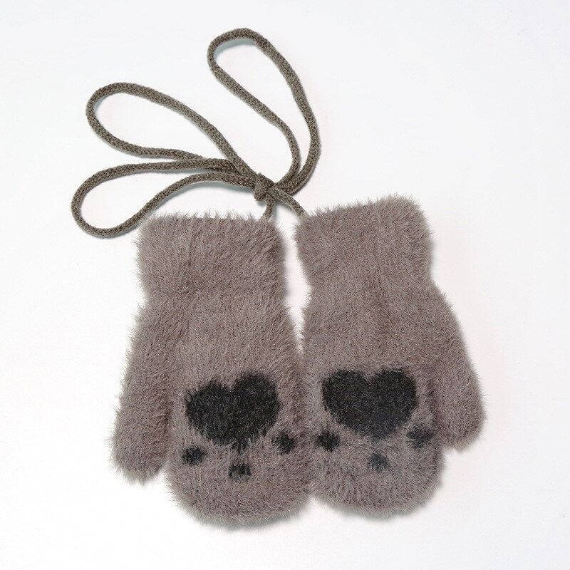 Warmom Karikatur Nette Hand-gedruckt Gestrickte Warme Handschuhe für Jungen Mädchen Gestrickte Wolle Neckholder Handschuhe freundlicher Handschuhe Winter warm: Kaffee