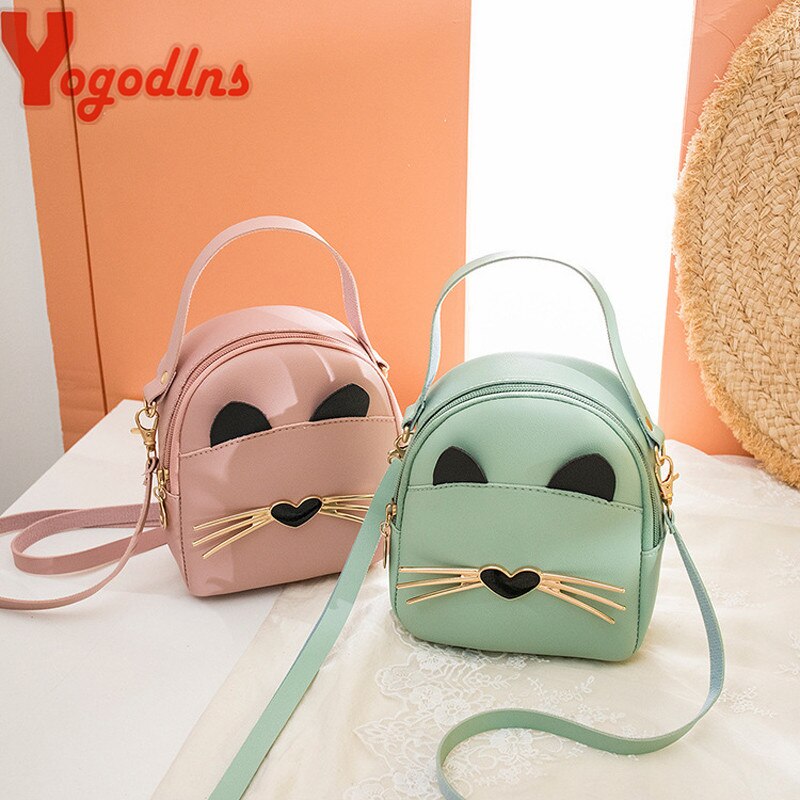 Yogodlns Women PU Leather Small Shoulder Bag Girl School Bags for Teenager Girls Female Preppy Cat Cartoon Blosa