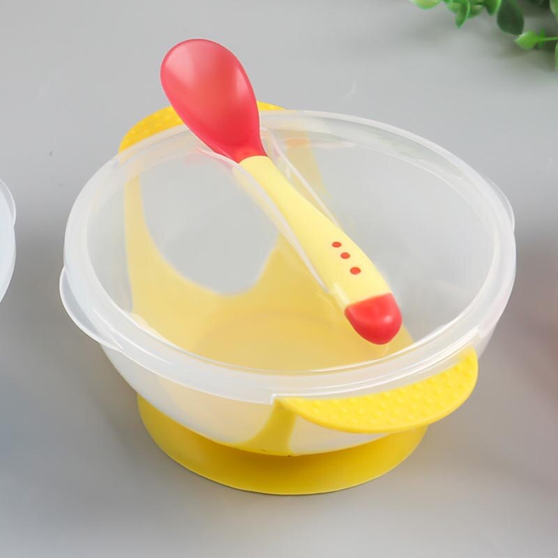 3 stks/set Baby Speelgoed Servies Servies Zuig Kom met Temperatuur Sensing Lepel Baby Food Grade Voerbak Bijtring Speelgoed: Geel
