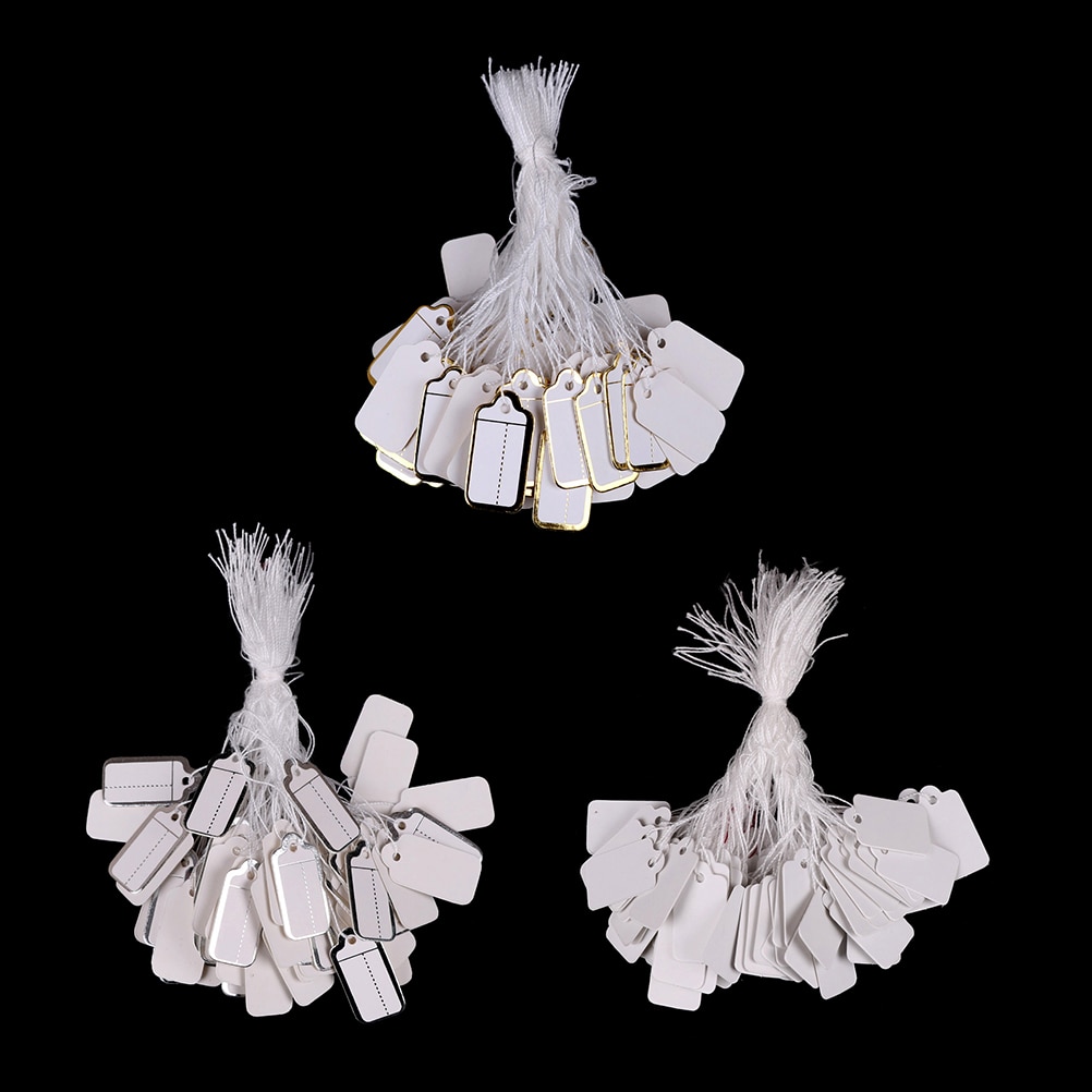 Unids/lote 100, brida con etiqueta Rectangular, cadena de joyería, exhibición de ropa, etiquetas de precios de Mercancías Blancas, plateadas, doradas, 25x13mm