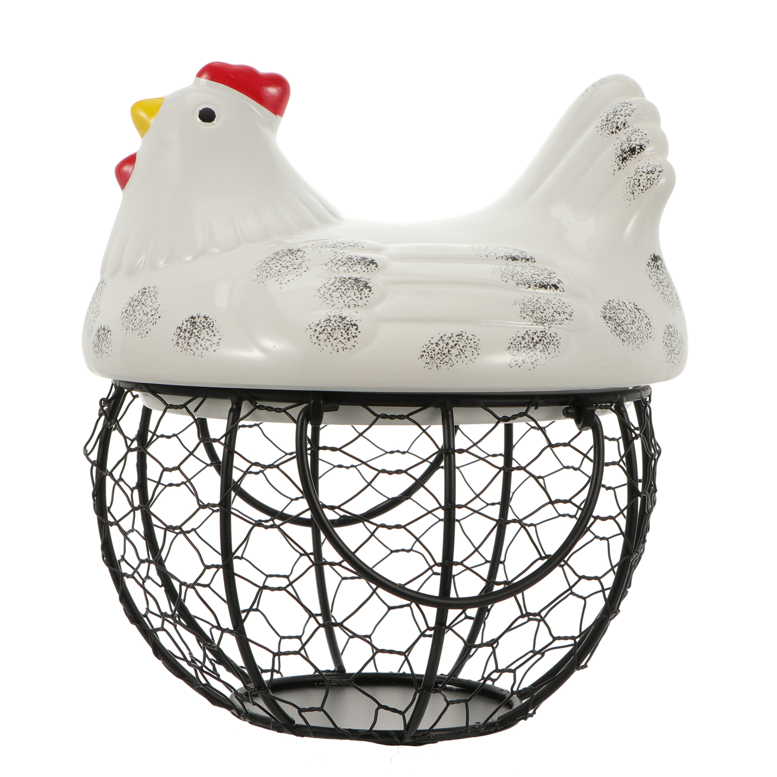 Chicken Shape Ceramic Chicken Shaped Lid with Round Wire Basket Base and Handles Egg Holder Home Storage Basket Holder: White