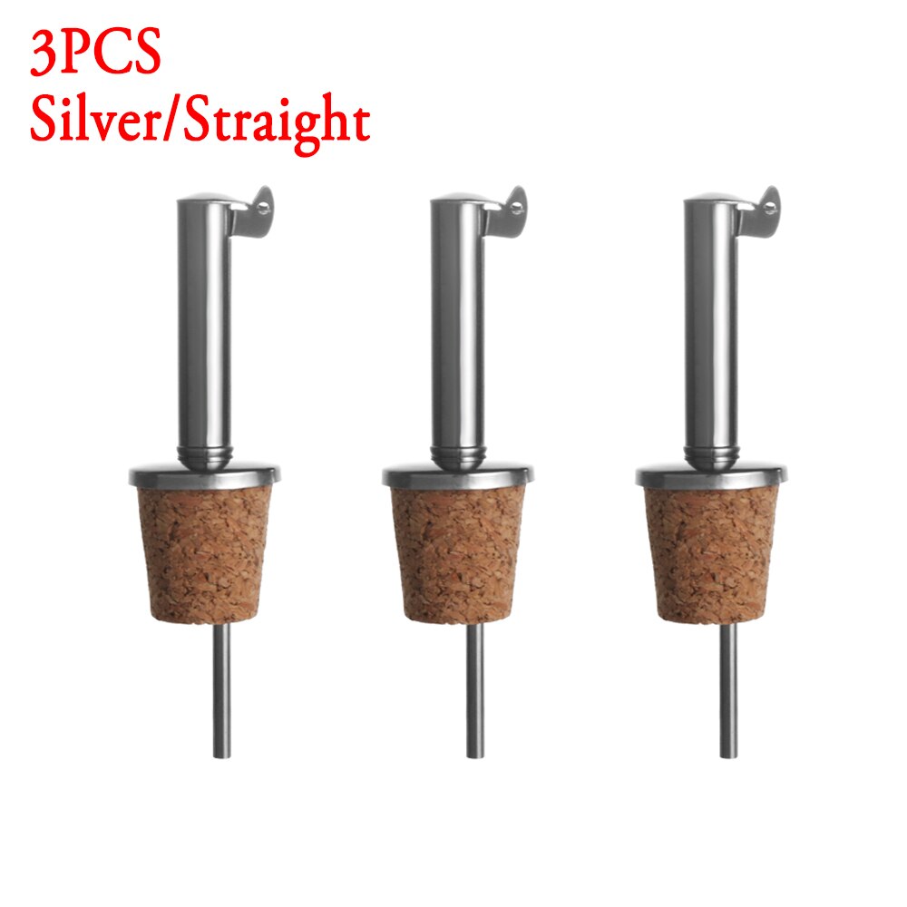 1/3PCS Wine Pourer Oil Bottle Stopper Plug Wooden Cork Stainless Steel Liquor Dispenser Barware: 3PCS Silver-Straight