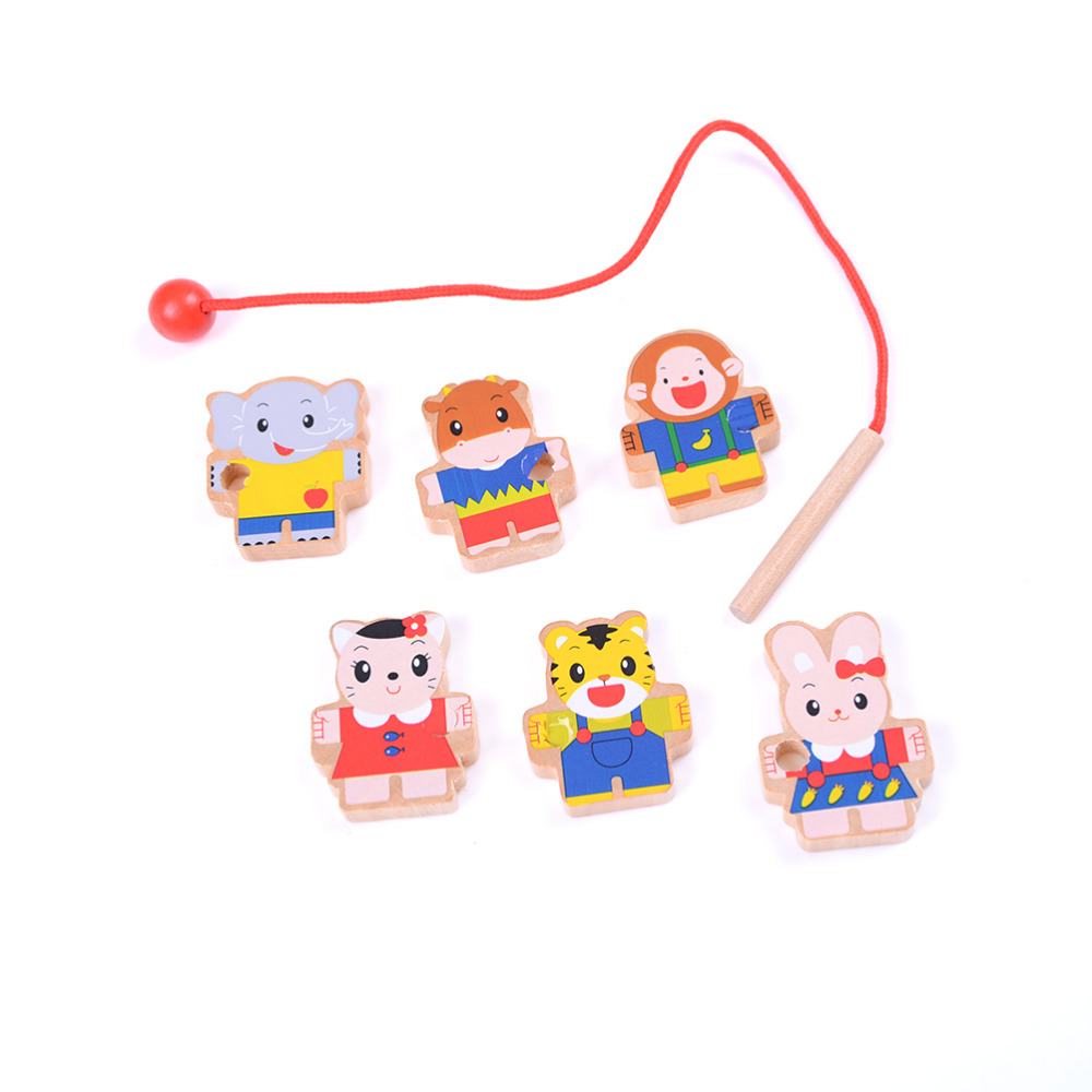 ZTOYL 1 Set Cartoon Animals Wooden Threading Beads Game Education Toy for Baby Kids Childre Model Building Toys