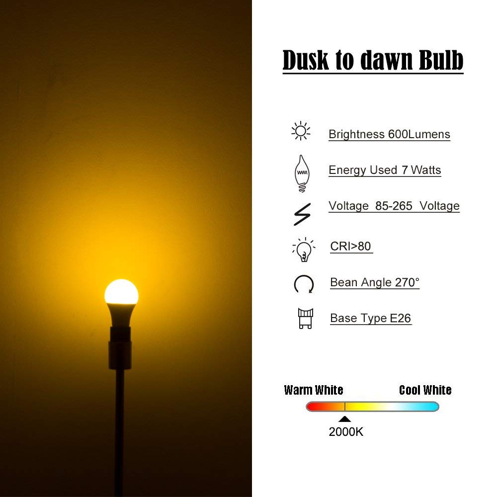 Yellow LED Bug Light Bulb 7W 60W Light Bulb Equivalent Dusk to Dawn Smart Sensor LED Bulb 7W E26 Yellow LED 2000k Automatic