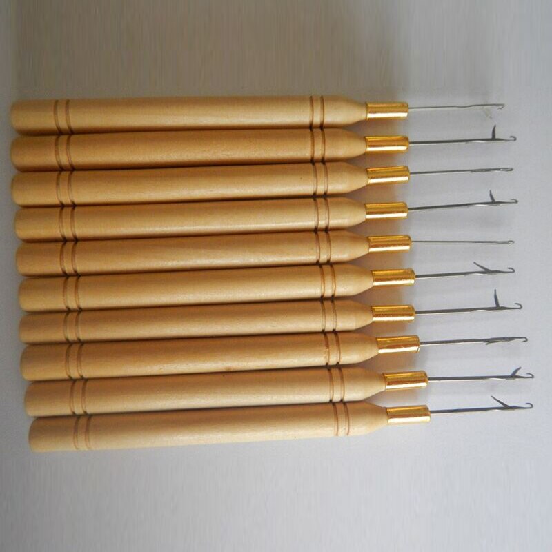 Aguja de gancho con mango de madera, Micro anillos, aguja para Micro anillos, herramientas para extensiones de cabello,
