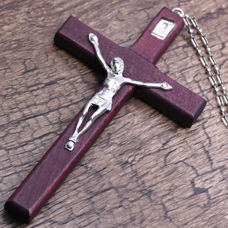 Collar religioso de madera con forma de cruz de Jesús para hombre, Colgante con cadena, joyería,
