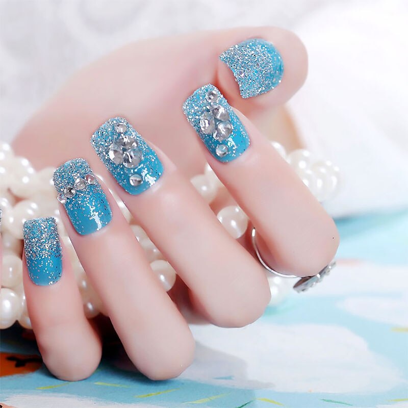 Mode Vrouwen Nail Arts 24 Pcs Blauw Nep Nagels Shining Glitter Grote Strass Acryl Volledige Nail Tips Faux Ongles lange Nagels