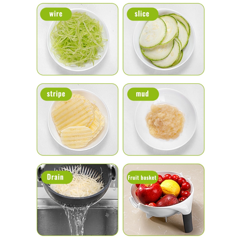 9 In 1 Keuken Gadget Rasp Groentesnijder Slicer Multifunctionele Voedsel Chopper Mandoline Slicer Draaien Afvoer Mand #1