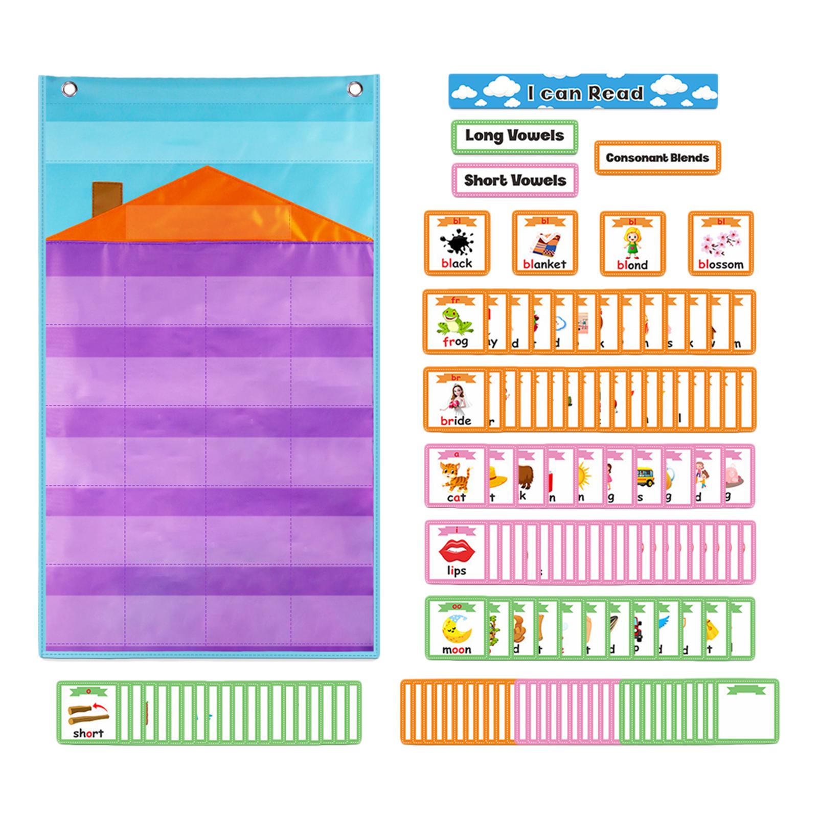 Wall Hanging English Grammer Pocket Chart with 154 Vowel Card Grammer Learning for Teaching Aid Teacher Classroom Centers