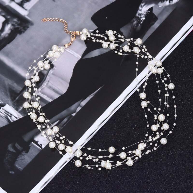 Romantic White Multi-layer Necklace Gypsophila Pearl Fishing Line Clavicle Chain Torques Necklace Wedding Jewelry: 2