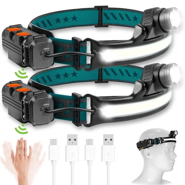 Induction Led Headlamp XPG+COB LED Head Lamp with Built-in Battery Flashlight Multi-function USB Rechargeable 6 Modes Head Torch: Red