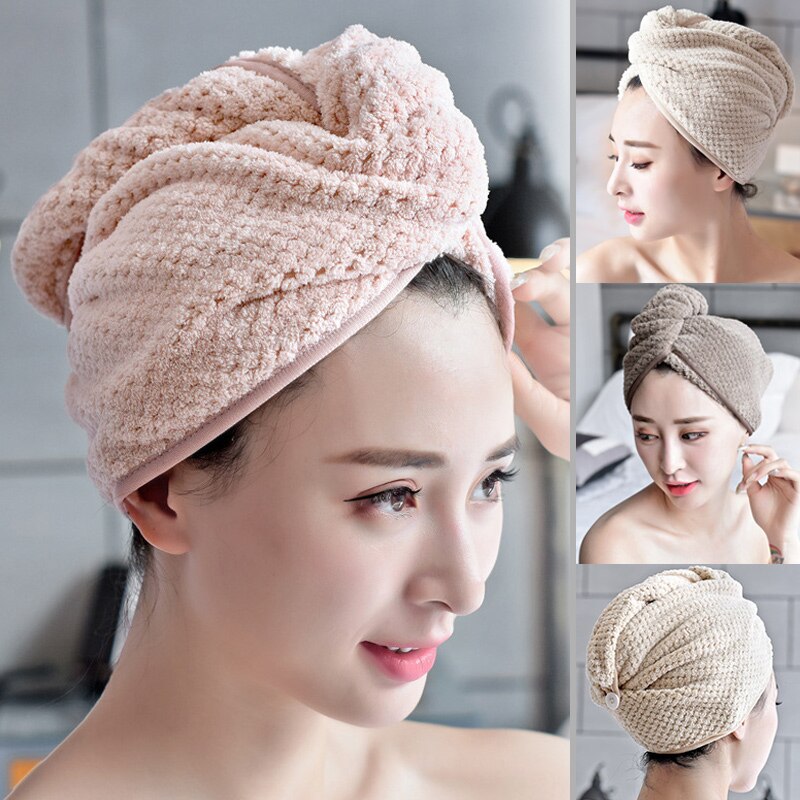 Magique Microfibre Fiber Cheveux Serviette À Séchage Rapide Cheveux Séchage serviette enroulée Sec Chapeau Chapeau Torsion Tête Serviette avec Capuchon de Bouton Wrap Bonnet De Bain