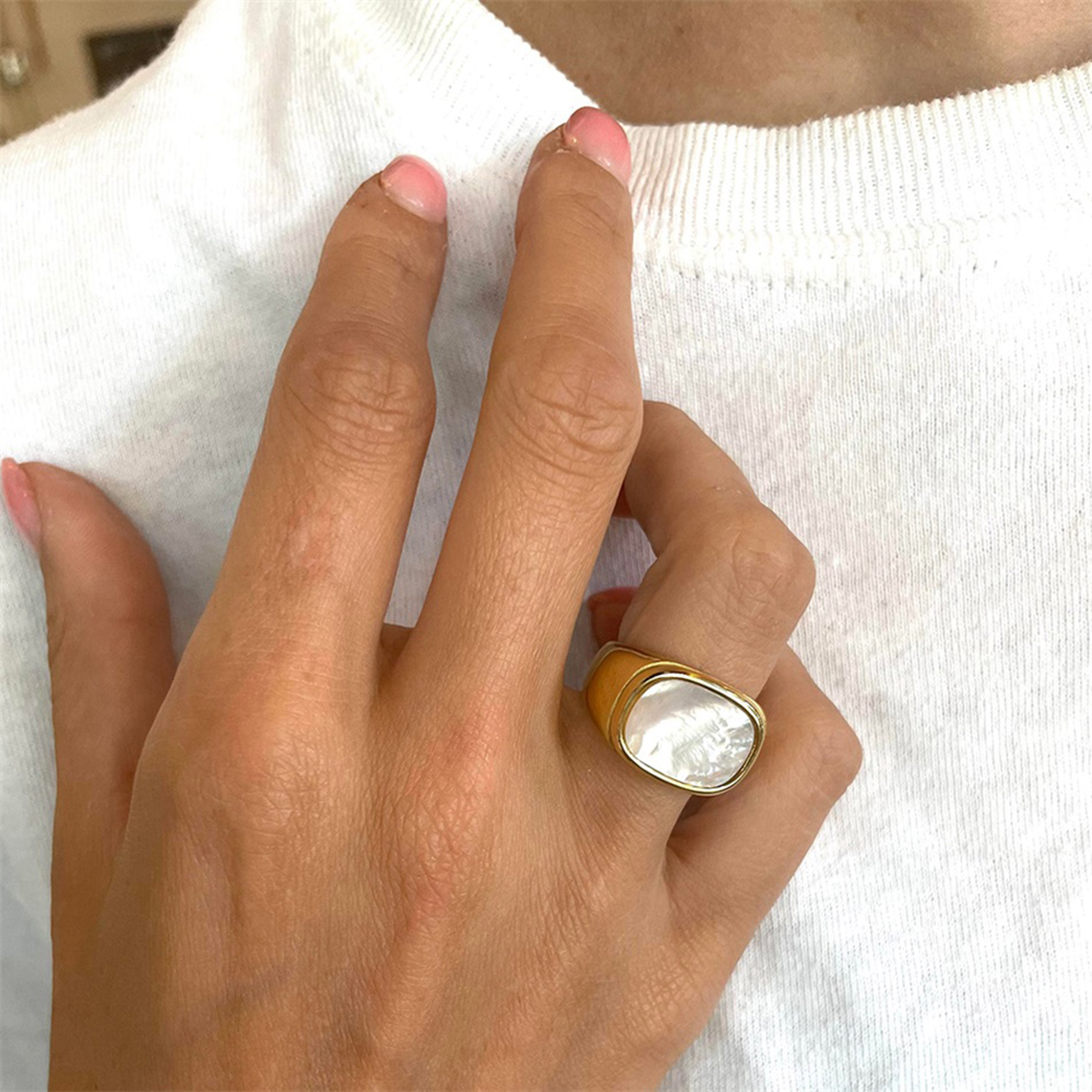 SUNIBI-Anillo cuadrado Vintage de concha para mujer, de acero inoxidable, Color oro blanco, anillo grande y grueso, accesorios de joyería para , para cena