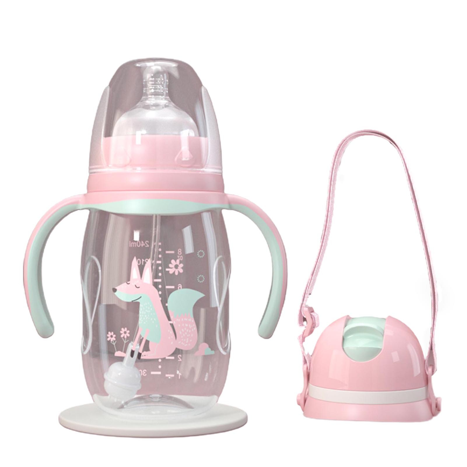 240ml/300ml Infant -proof Baby Wide-caliber Milk Bottle with Straw Handle Cute baby bottles with cartoon designs with Straw: Pink 240ml