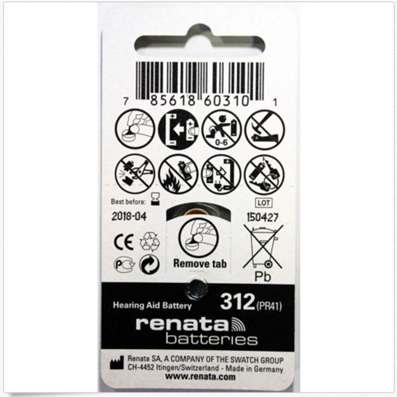 1 pack (6 stuks) Renata zink-lucht batterijen Grootte 312 P312 PR41 Gehoorapparaat Batterijen