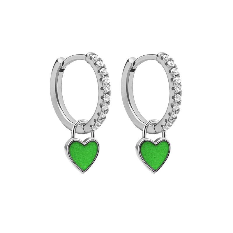 GS 925 Sterling Silver Hoop Earrings With Cute Candy Neon Color Enamel Heart Charm Earring Gold Silver Color For Girls: silver-green