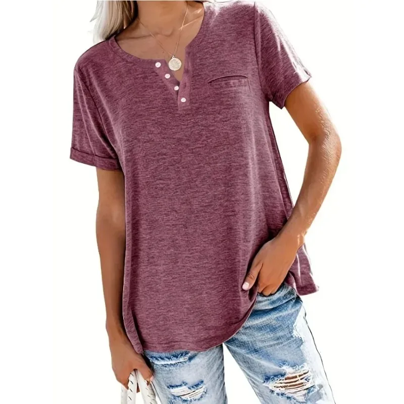 T-shirt décontracté à manches courtes et col en V pour femmes avec poches, grande taille, 1XL-8XL, printemps et été, style