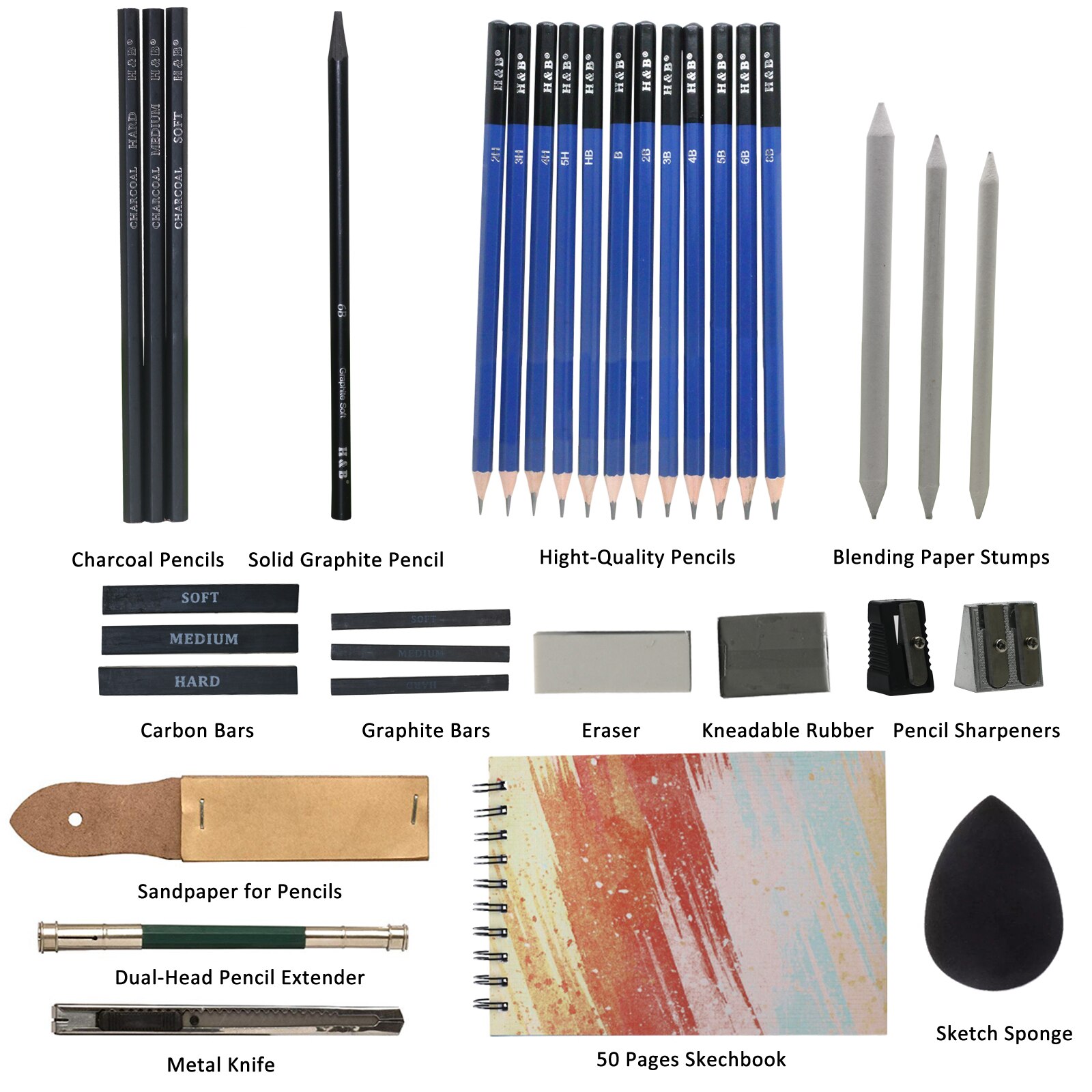 Sketching Graphite Pencils Set Drawing 50page Sketch Pad Eraser Charcoal Sticks Art Supply for Kid Beginners Artist