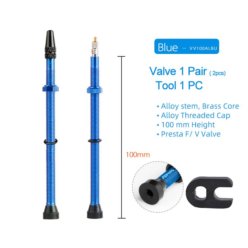 Deemount 100mm 2PCS Bicycle Tubeless Tire Presta Valve W/ Alloy Cap & Tool Optional 10m Tape Width 23/25/27/29/32/34mm: 100mm Alloy Blue