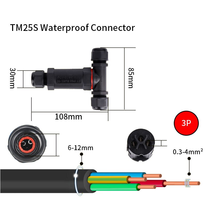 IP68 Waterproof Connector 2/3/4/5 Pin Electrical Terminal Adapter Wire Connector Screw Pin connector LEDLight Outdoor Connection: TM25S-3P
