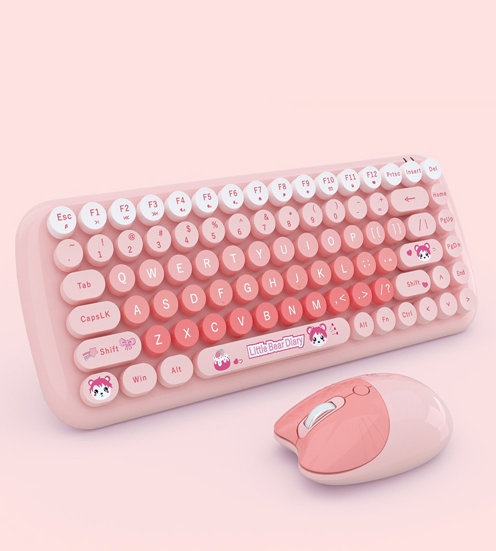 2.4G Wireless Keyboard Mouse Combo 84 Keys Compact Size Colorful Retro Round Keycaps For Laptop/Desktop, Battery Powered: pink