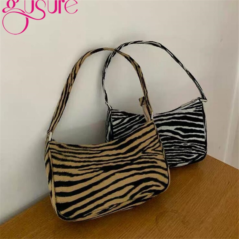 Gusure Retro Women Shoulder Bag Velvet Zebra Print Female Messenger Bag Ladies Casual Zipper Shoulder Bag Sac Main Femme