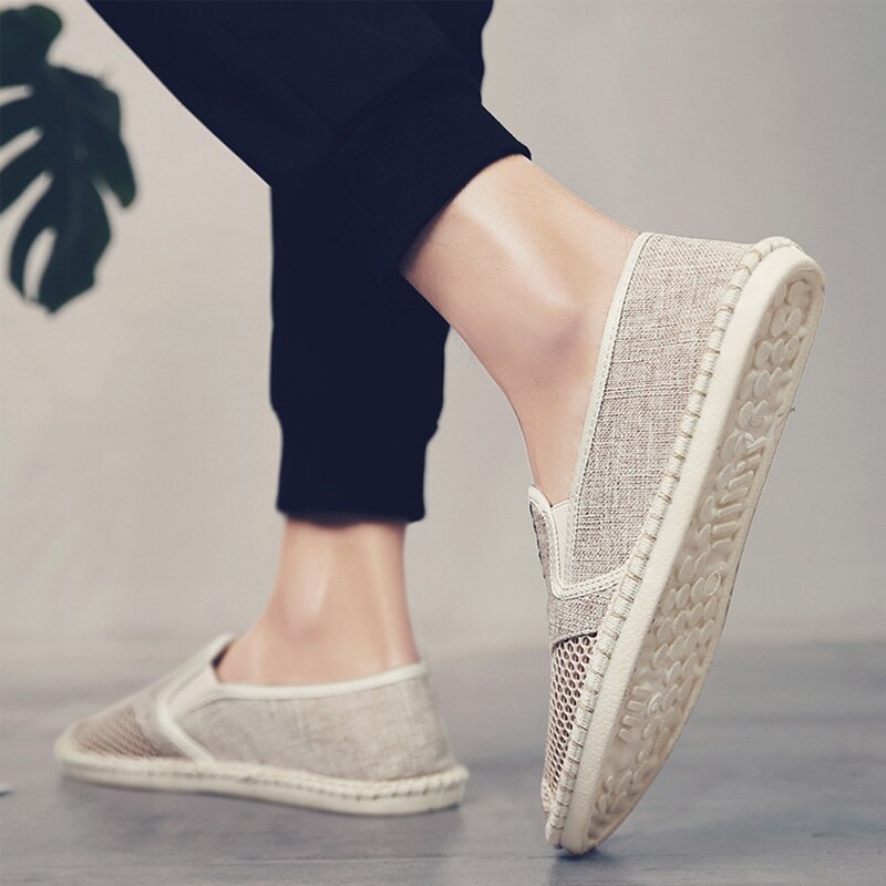 men breathable flat shoes espadrilles linen woven sleeves casual canvas shoes classic driving straw mesh lazy shoes sneakers