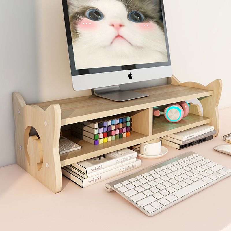 Cute Cat's Paw Monitor Stand Desk Storage Rack Wooden Computer Riser Desk Organizer Storage Shelves Cabinet Home Office Supplies
