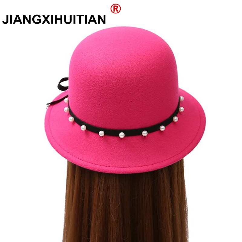 Mode Australische Wollen Fedora Hoed Strik Parel Hanger Noble Bowler Hoeden Voor Vrouwen Wide Brim Formele Kerk Cloche Hoed