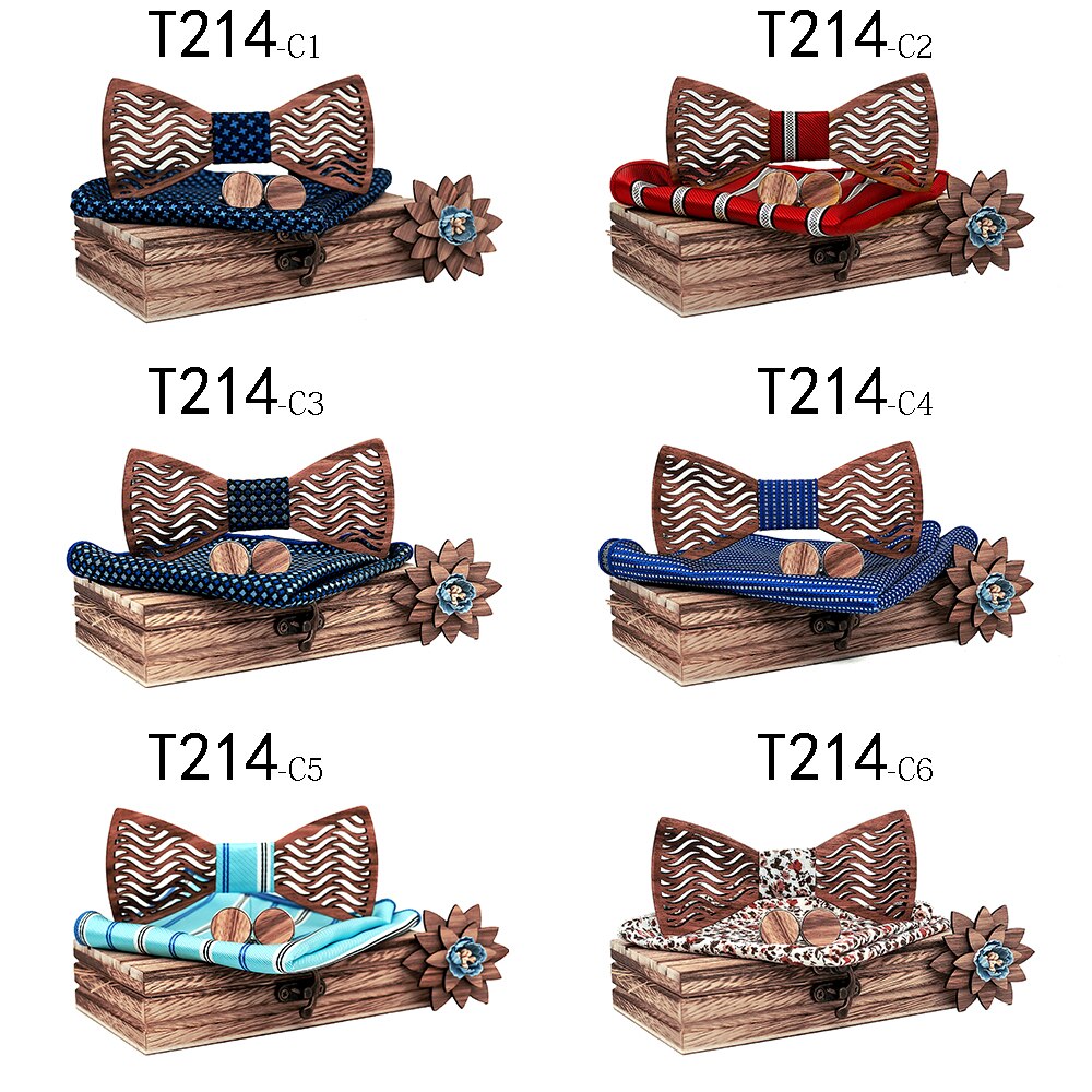 Nowy projekt drewniane drewno wydrążjeden muszki muszka z kieszonką kwadratowe spinki robić mankietów broszka dla mężczyzn zestaw upominków na boże narodzenie z pudełkiem krawaty