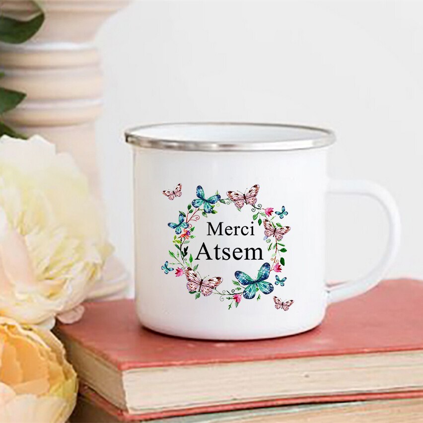 Merci atsem blomma tryck muggar kaffe te koppar drycker vatten mjölk kopp emalj mugg skolhandtag drinkware atsem: Xh10036-a015wh-8