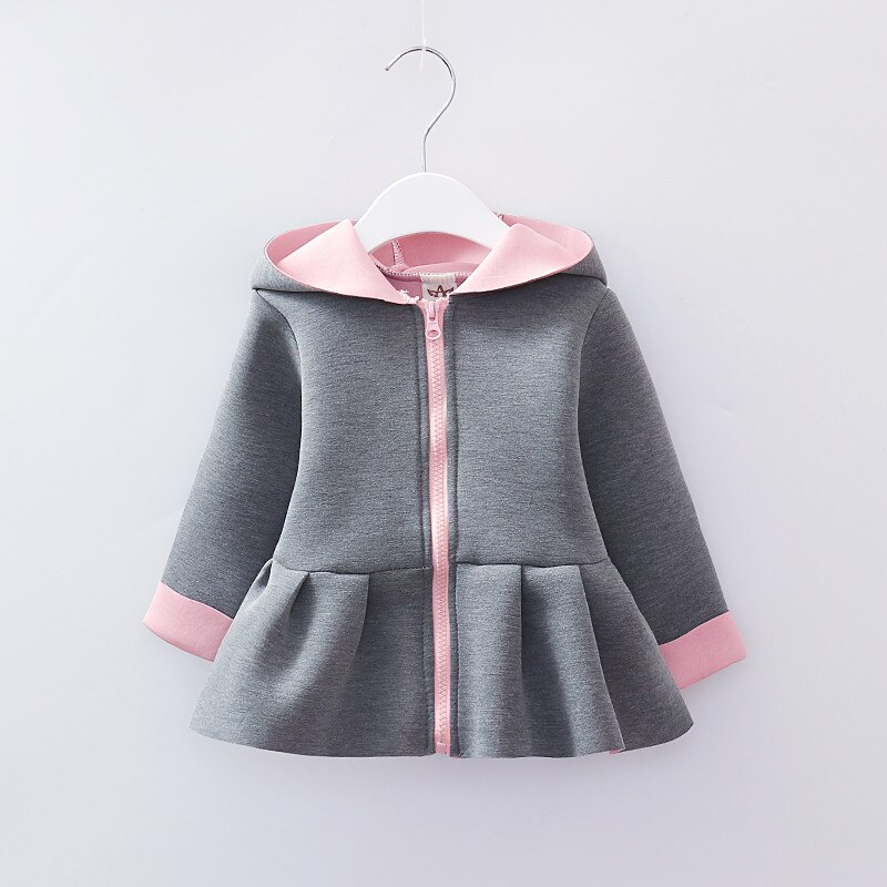 Warme herfst winter babymeisje konijnenoren lange mouwen hoodies jas ruches rits jas bovenkleding katoenen outfits kleding: Grijs / 9m
