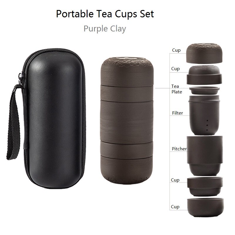 Creatieve Draagbare Zisha Thee Kopjes Set voor Reizen Paarse Klei Thee Set voor Outdoor Trips Relatiegeschenk Aanwezig 4 Cups