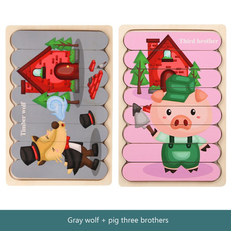 Kids Brain Wooden Toy Double-sided 3D Puzzle Strip Puzzle Telling Stories Stacking Jigsaw Montessori Toy for Children: style 06