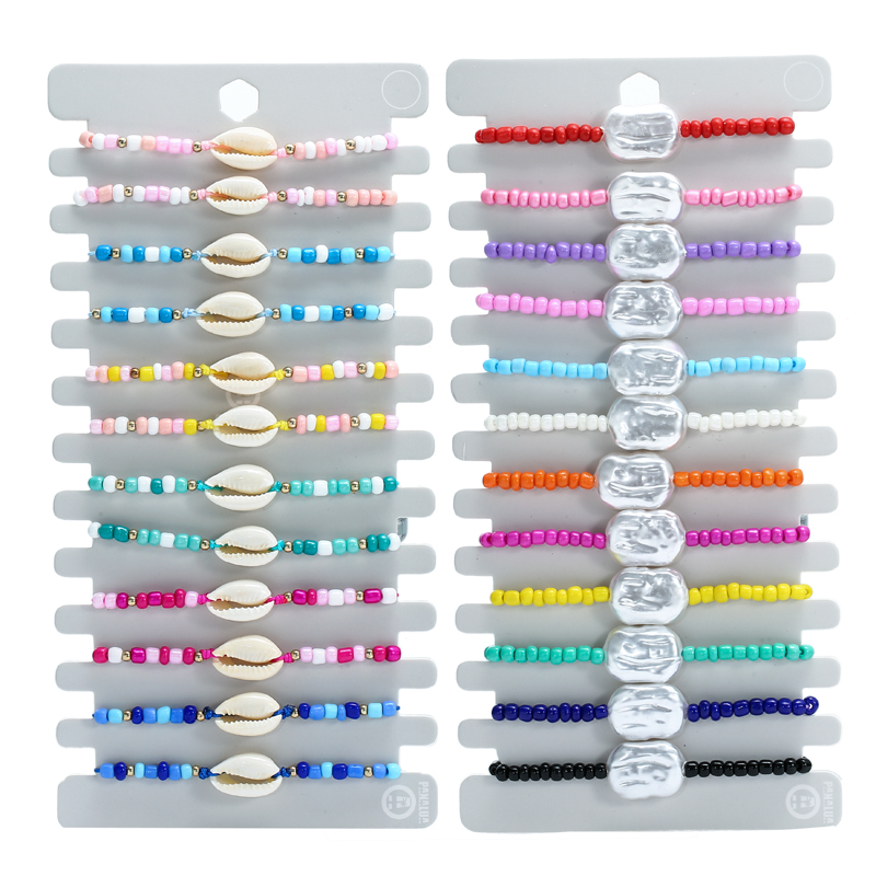 Conjunto de pulsera trenzada con cuentas para mujer y niño, brazalete de cuerda ajustable con abalorios de flores de concha de colores, 12 Uds./lote