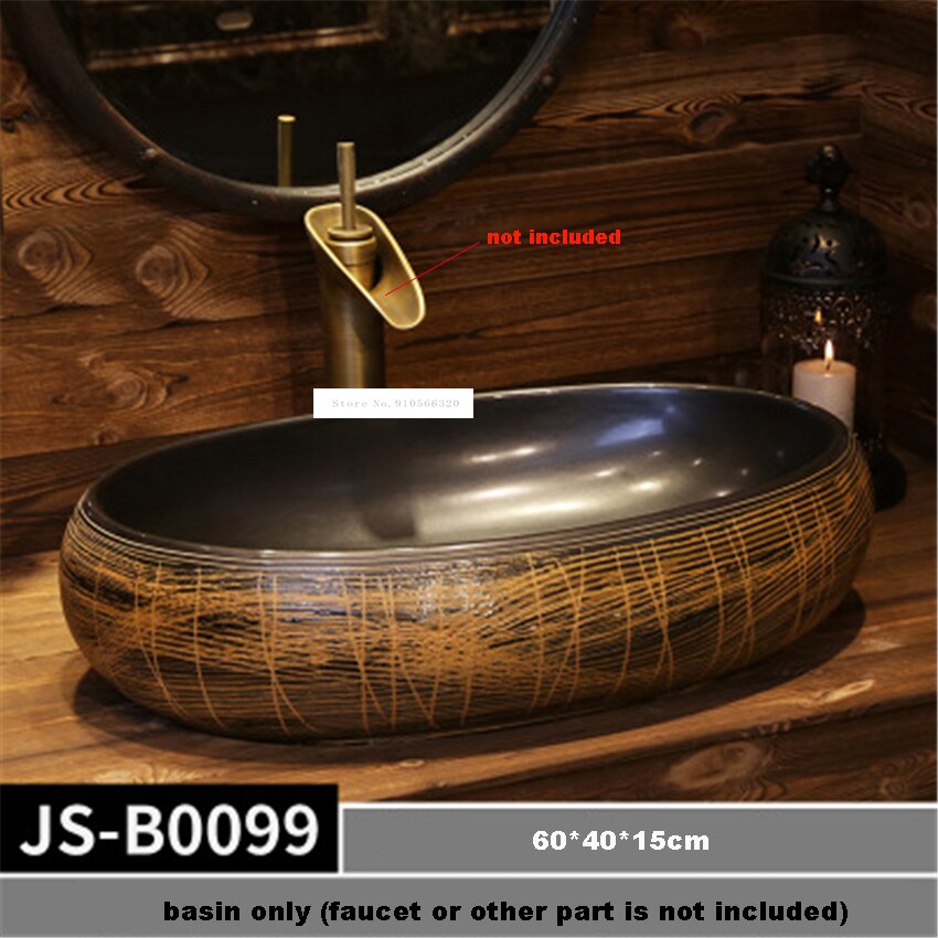 Lavabo ovalado de cerámica hecho a mano, lavamanos sobre lavabo de encimera, estilo europeo, JS-B0097/JS-B0098/JS-B0099/JS-B0100: JS-B0099